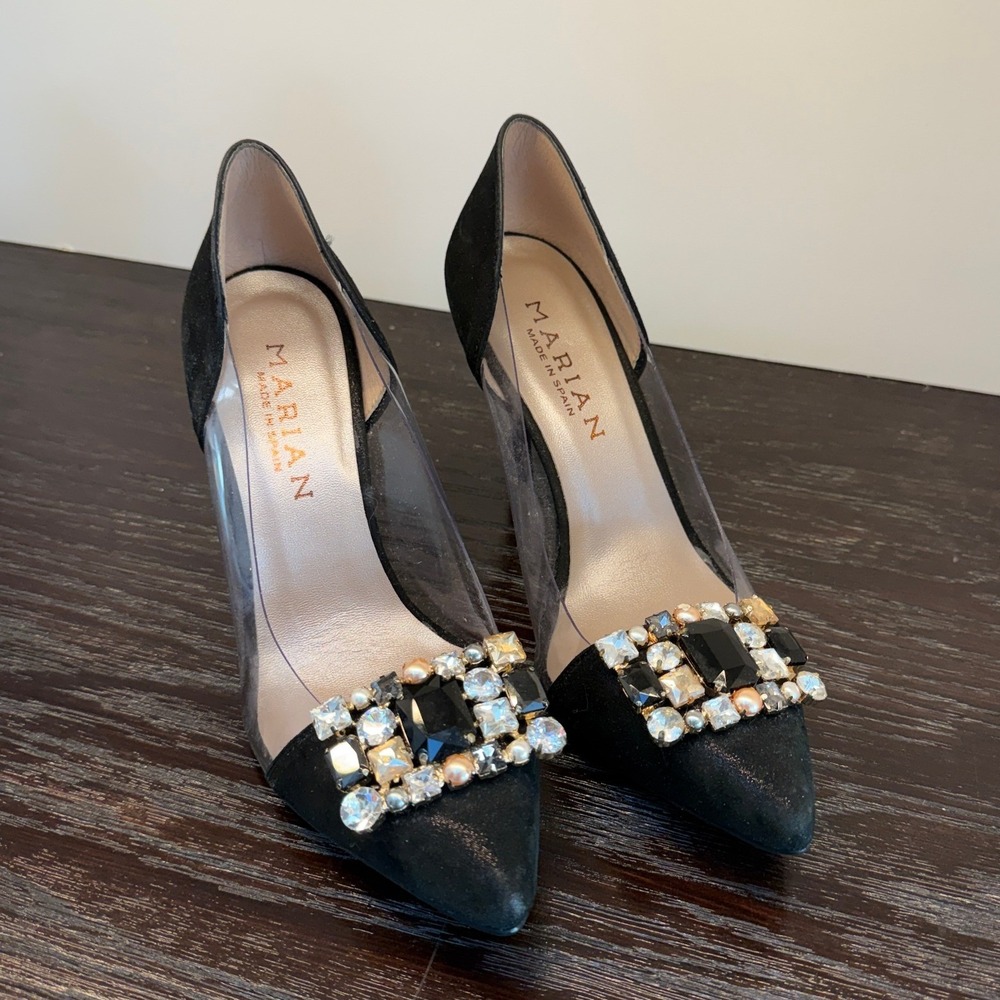 Marian Made in Spain Black Suede Clear PVC Jeweled Buckle Pumps Heels Size 39